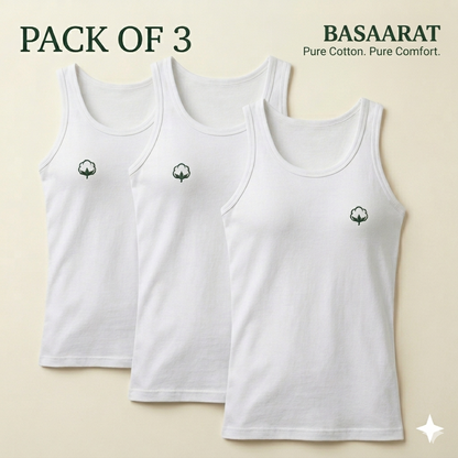 Pure Cotton White Sleeveless Vest - Pack of 3