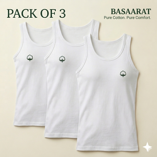 Pure Cotton White Sleeveless Vest - Pack of 3
