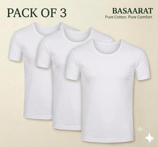 Pure Cotton White Half Sleeves Vest - Pack of 3
