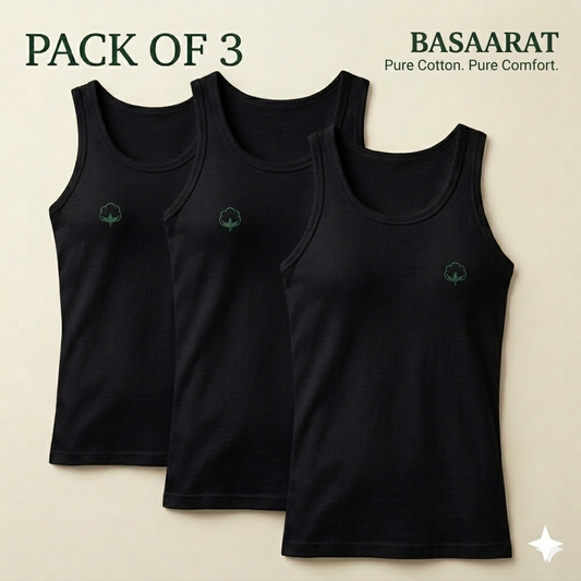 Pure Cotton Black Sleeveless Vest - Pack of 3