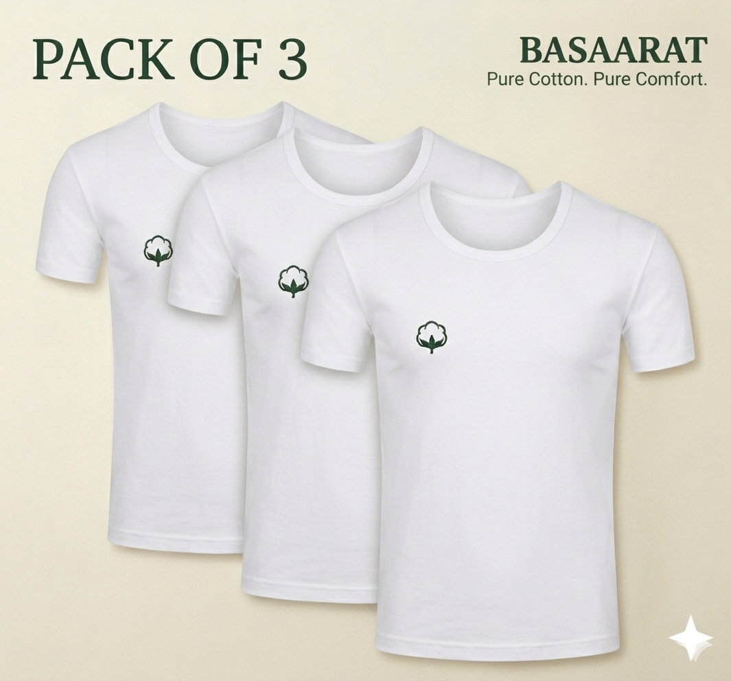 Pure Cotton White Half Sleeves Vest - Pack of 3