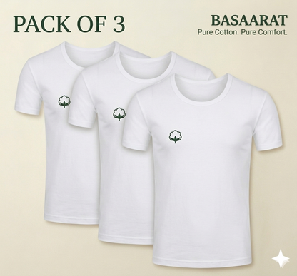 Pure Cotton White Half Sleeves Vest - Pack of 3