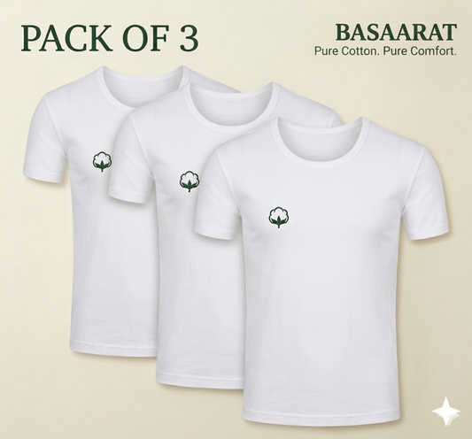 Pure Cotton White Half Sleeves Vest - Pack of 3